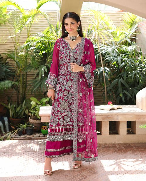 Eira — Aangan Chiffon Collection magenta embroidered chiffon suit with sequinned floral embroidery and hand embellished neckline