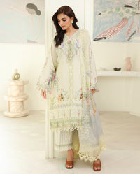 Roheenaz Ivory Sonata: unstitched printed lawn suit with pastel floral embroidery, lace-trimmed hem and sheer embroidered dupatta, from the Petals in Prints lawn collection