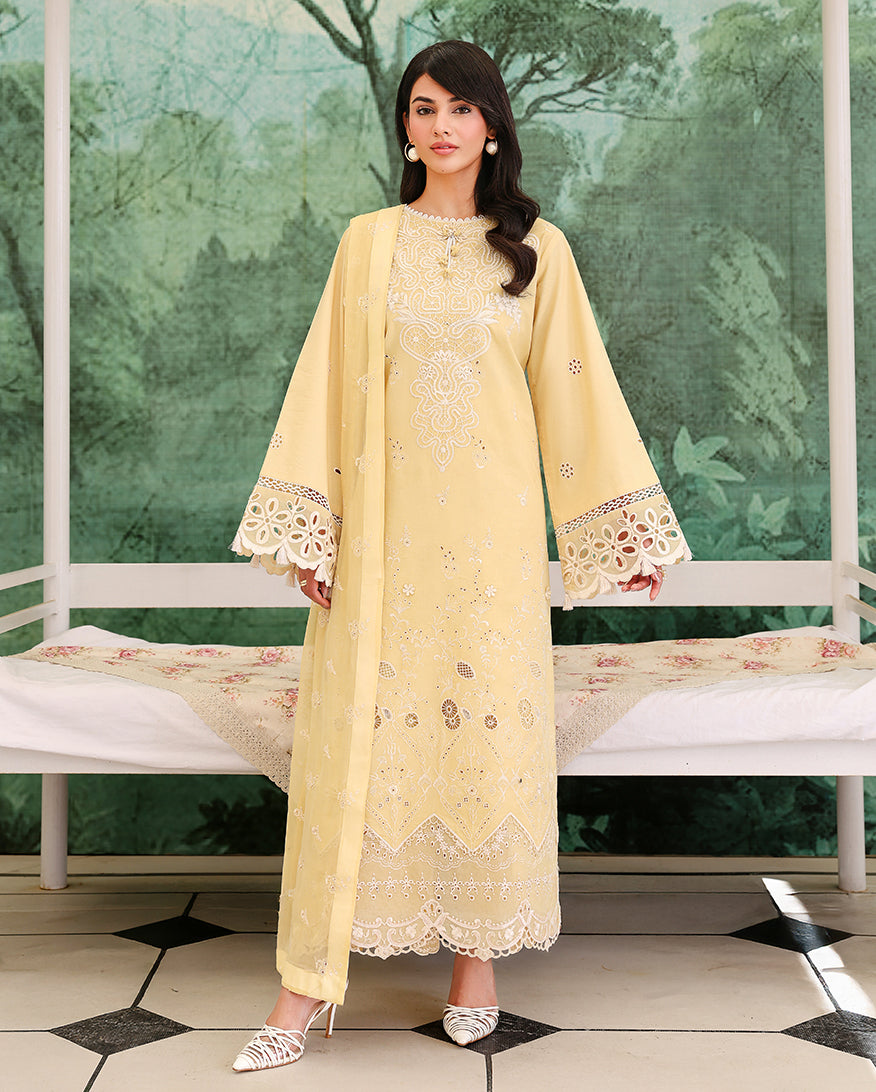 Lumiere Yellow - Yellow embroidered lawn dress - Unstitched lawn - Veil Of Summer | Chikankari Edit | Roheenaz