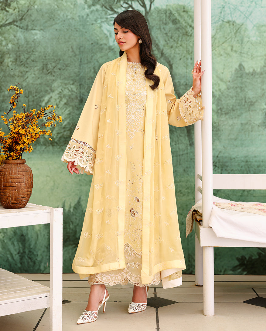 Lumiere Yellow - Yellow embroidered lawn dress - Unstitched lawn - Veil Of Summer | Chikankari Edit | Roheenaz