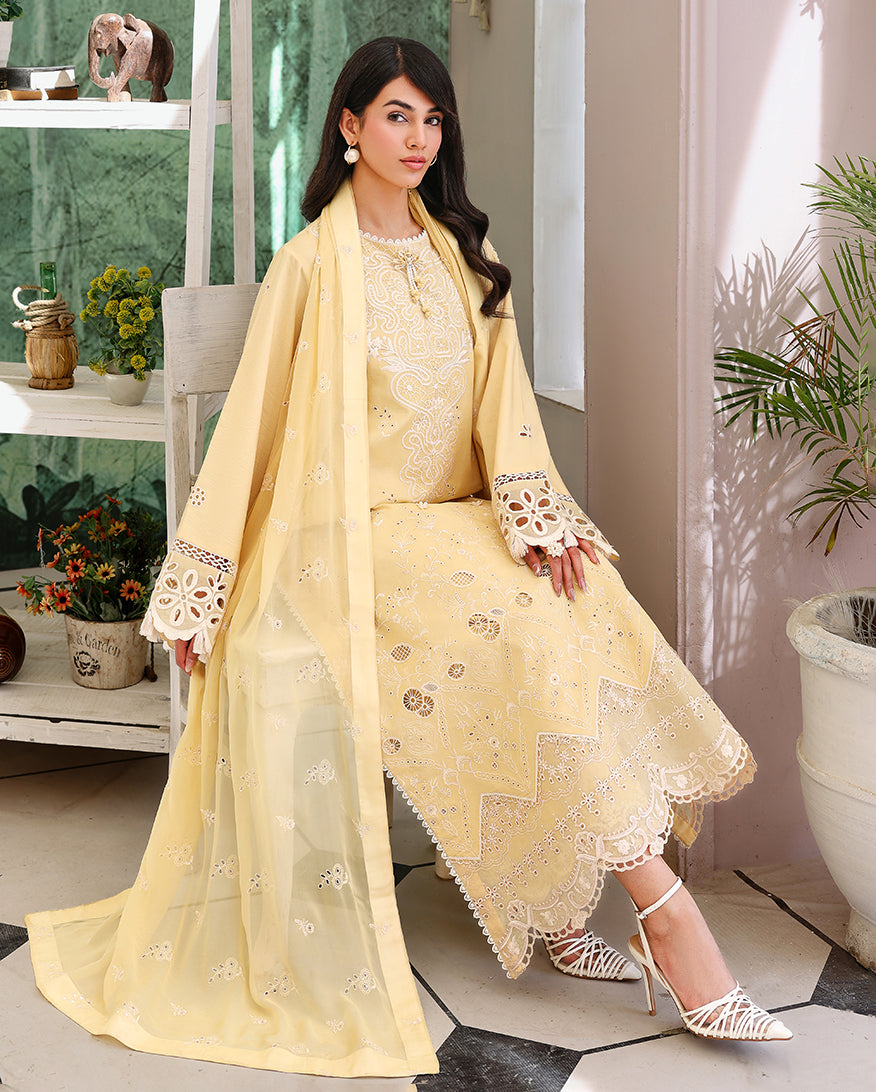 Lumiere Yellow - Yellow embroidered lawn dress - Unstitched lawn - Veil Of Summer | Chikankari Edit | Roheenaz