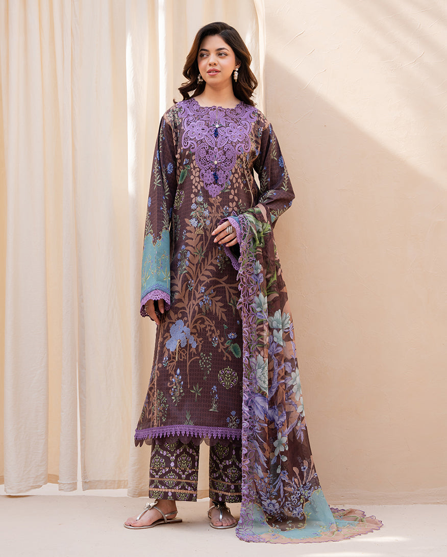 Petal Elan - Brown Embroidered Lawn - Unstitched Lawn - Summer in Bloom | Printed Lawn | Roheenaz