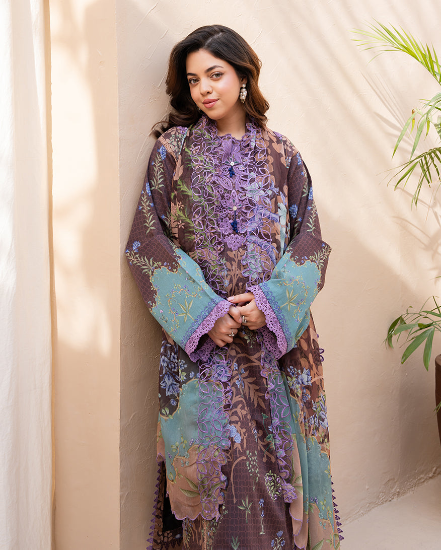 Petal Elan - Brown Embroidered Lawn - Unstitched Lawn - Summer in Bloom | Printed Lawn | Roheenaz