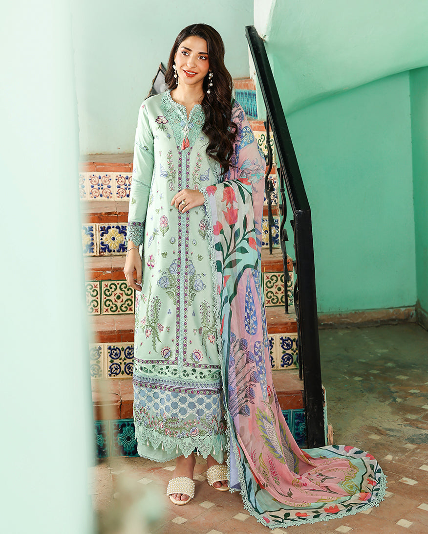 Rosaline - Aqua Mint Embroidered Luxury Lawn - Unstitched Lawn - Summer reverie | luxury lawn | Roheenaz