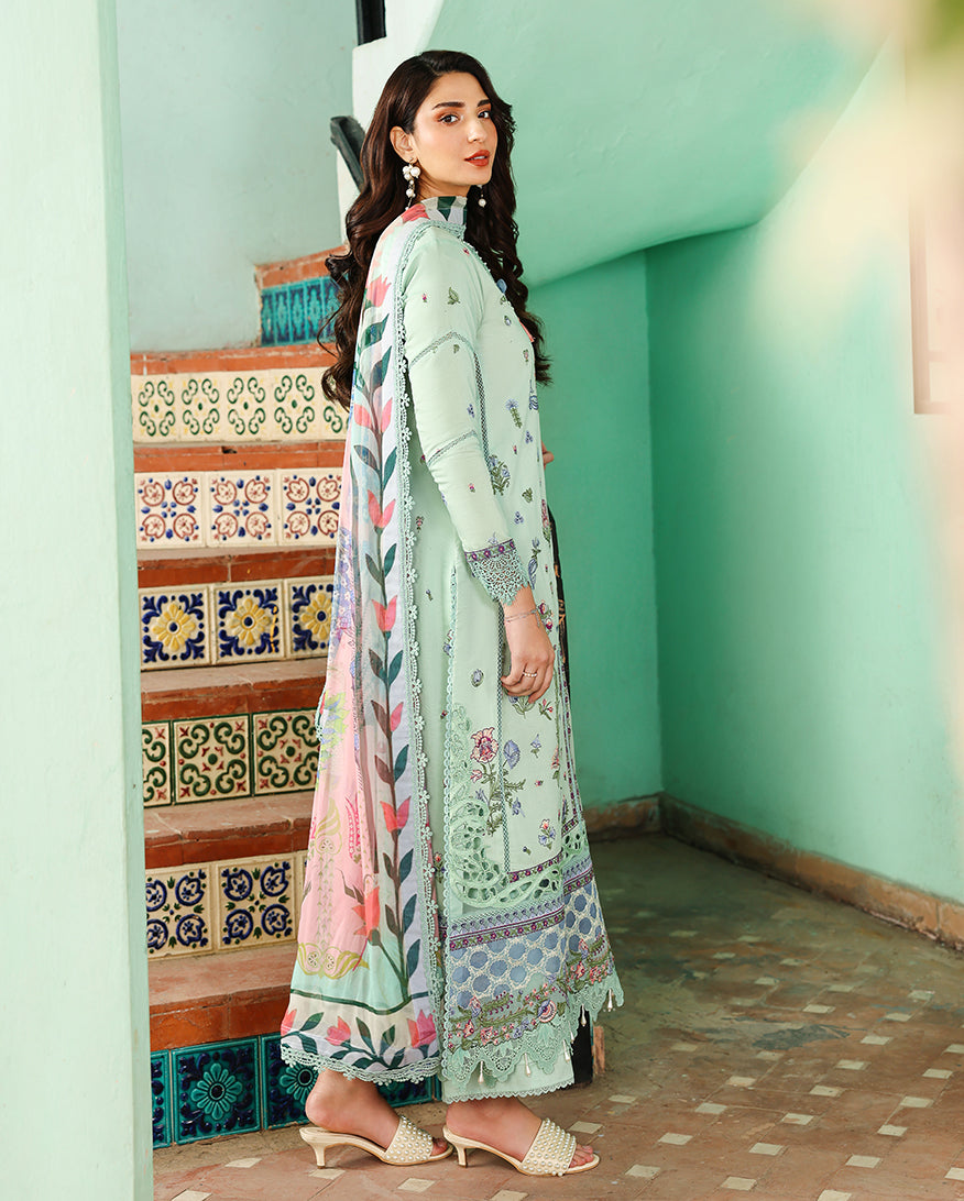 Rosaline - Aqua Mint Embroidered Luxury Lawn - Unstitched Lawn - Summer reverie | luxury lawn | Roheenaz
