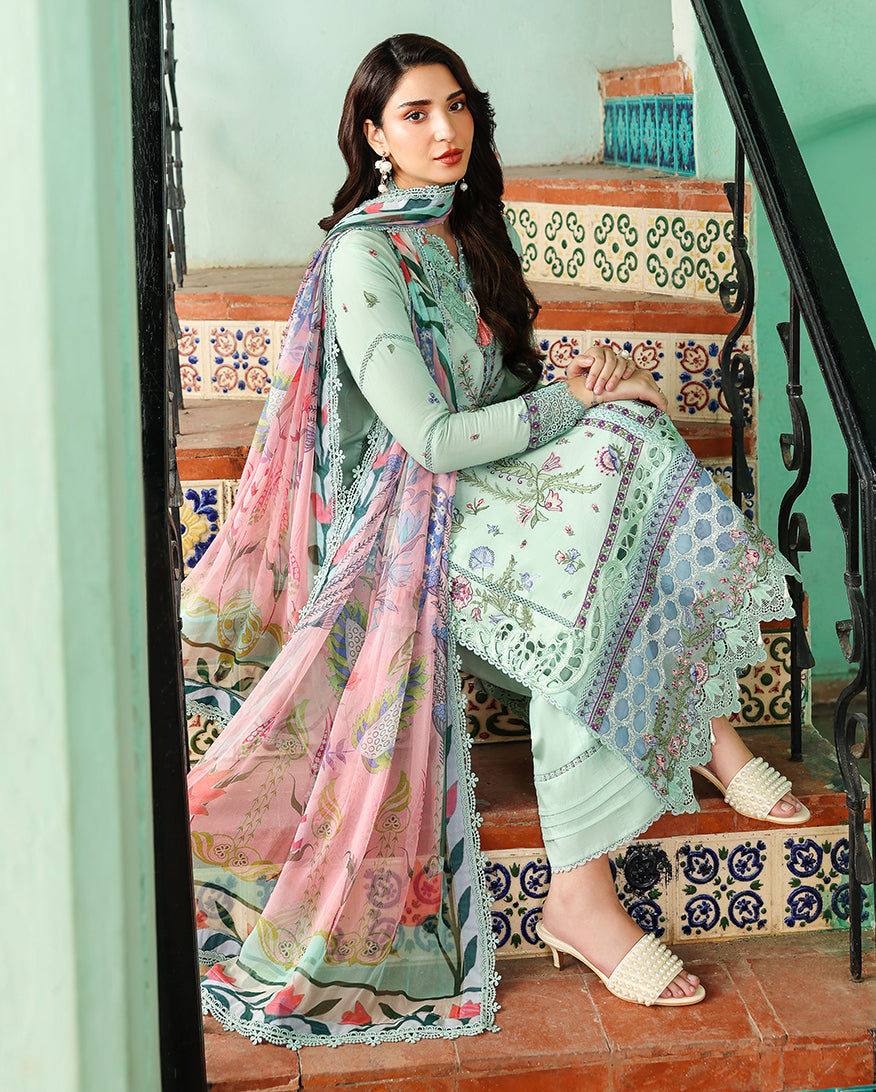 Rosaline - Aqua Mint Embroidered Luxury Lawn - Unstitched Lawn - Summer reverie | luxury lawn | Roheenaz