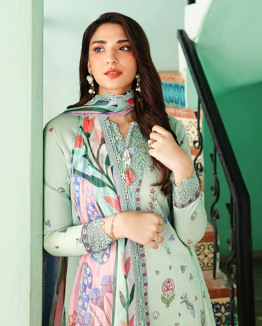 Rosaline - Aqua Mint Embroidered Luxury Lawn - Unstitched Lawn - Summer reverie | luxury lawn | Roheenaz