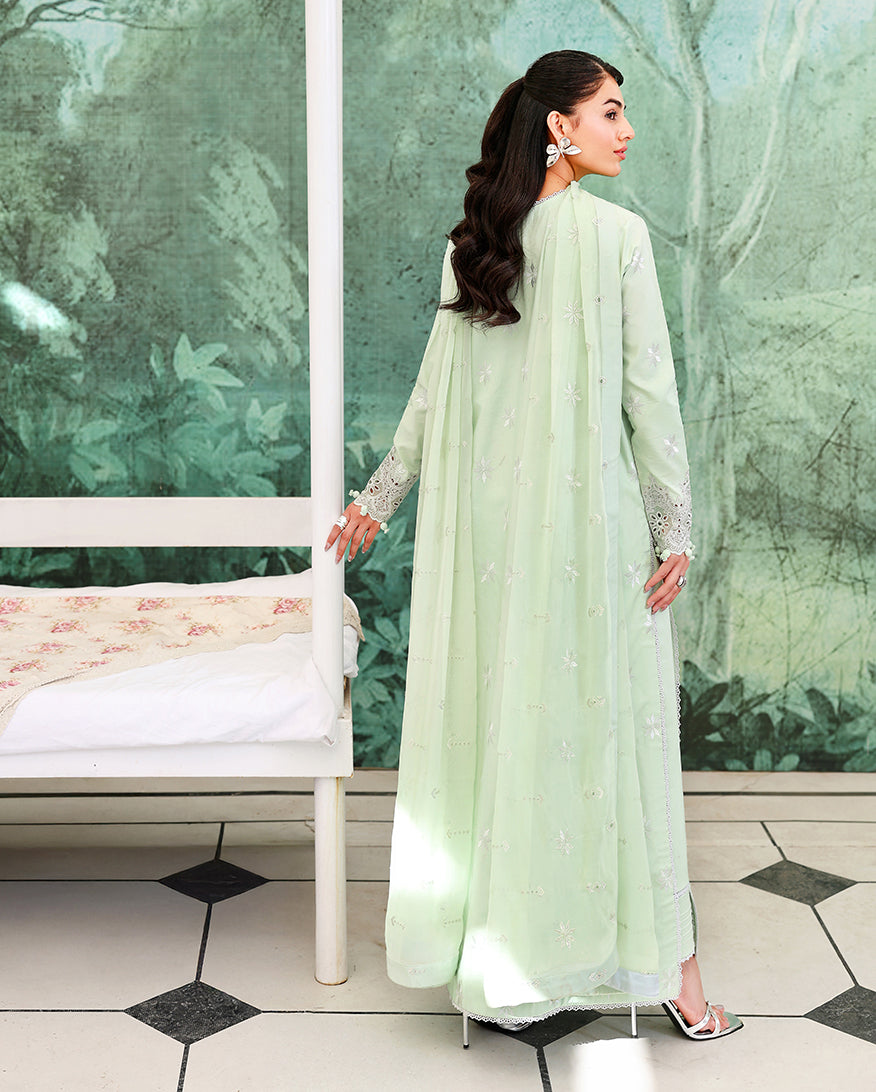 Serene Dusk - Mint Green Embroidered Lawn - Unstitched Lawn - Veil Of Summer | Chikankari Edit | Roheenaz