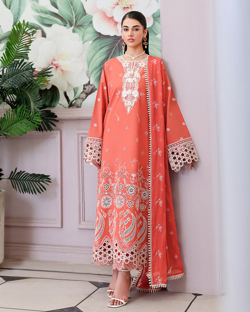Soleil Blanc - Coral embroidered lawn dress - Veil Of Summer | Chikankari Edit | Roheenaz