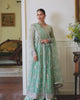 Theodora by Roheenaz — Whispers of Grace seafoam green embroidered chiffon maxi dress with hand embellished front kali