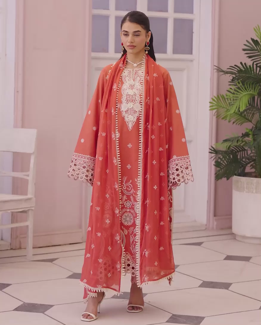 Soleil Blanc - Coral embroidered lawn dress - Veil Of Summer | Chikankari Edit | Roheenaz